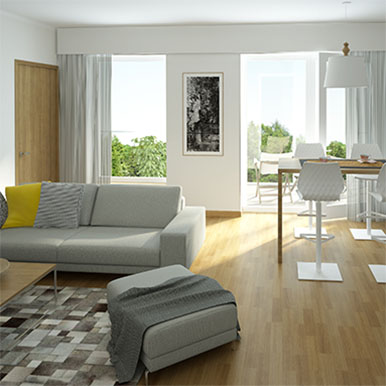 PVC casement window and patio door in home living room